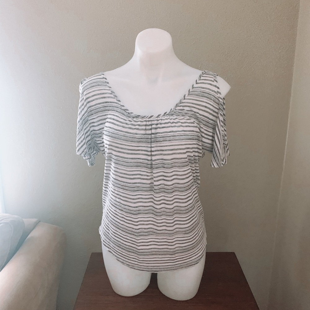 gray and white open shoulder top